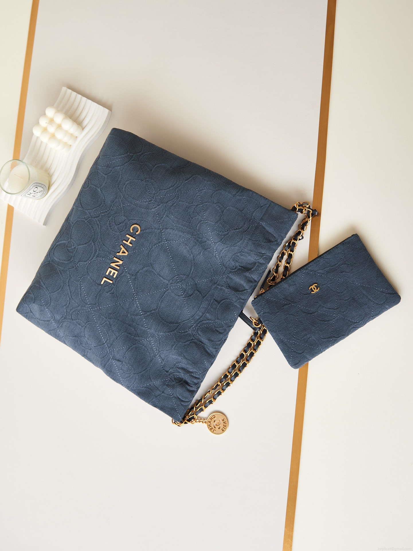 Chanel 22 Handbag Shiny AS3261 Navy Blue Velvet Gold