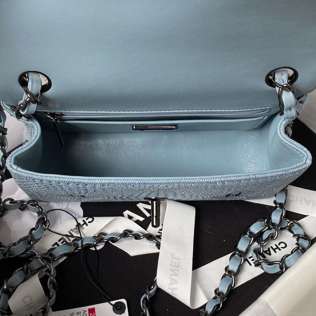 Chanel AS1116 Small Flap bag Velvet Crystal Pearl A69900 Blue