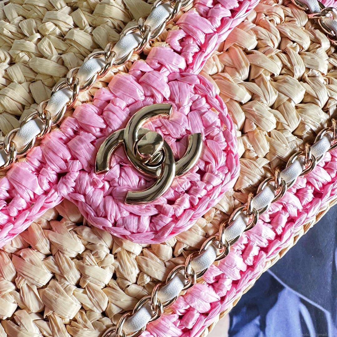 Chanel AS1116 Small Flap bag Raffia A69900 Beige & Pink