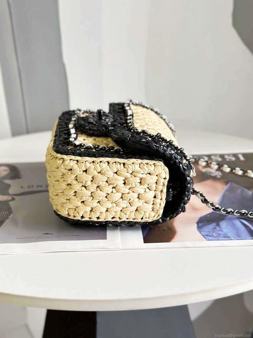 Chanel AS1115 Small Flap bag Raffia 18cm Beige & Black