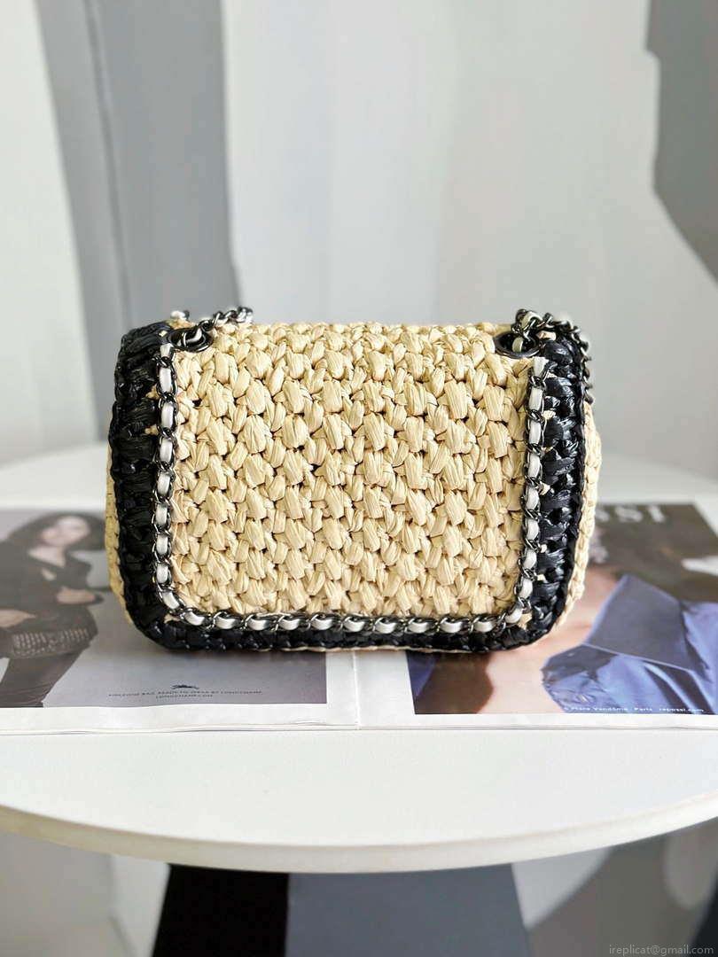Chanel AS1115 Small Flap bag Raffia 18cm Beige & Black