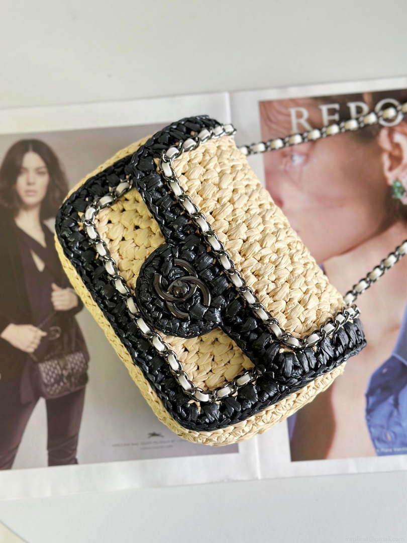 Chanel AS1115 Small Flap bag Raffia 18cm Beige & Black