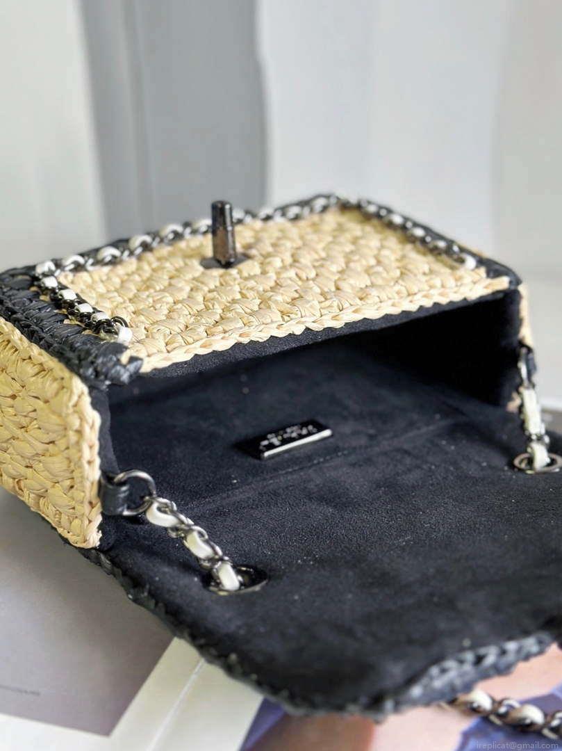 Chanel AS1115 Small Flap bag Raffia 18cm Beige & Black