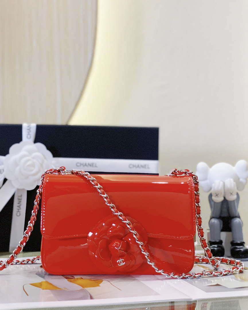 Chanel AS4388 Small Flap Bag Patent Calfskin & Gold Metal Red