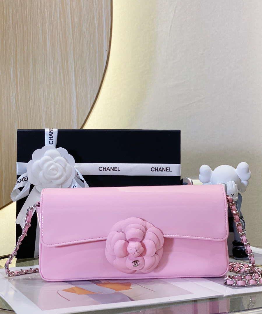 Chanel AS4498 Clutch Flap Bag Patent Calfskin & Gold Metal Pink