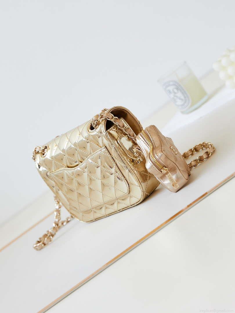 Chanel AS4646 MINI FLAP BAG & STAR COIN PURSE Mirror Calfskin Metallic Calfskin & Gold-Tone Metal Gold