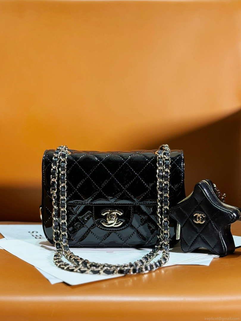 Chanel AS4646 MINI FLAP BAG & STAR COIN PURSE Mirror Calfskin Metallic Calfskin & Gold-Tone Metal Black