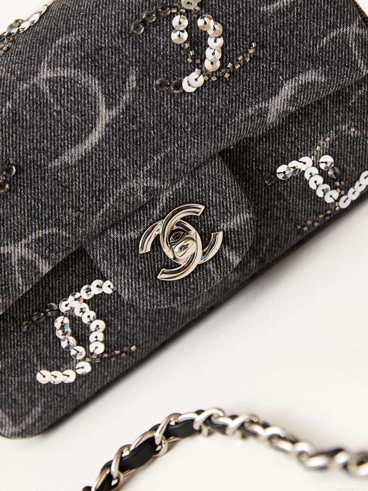 Chanel AS1119 Small Flap Classic Handbag Black Denim beaded sequin bag