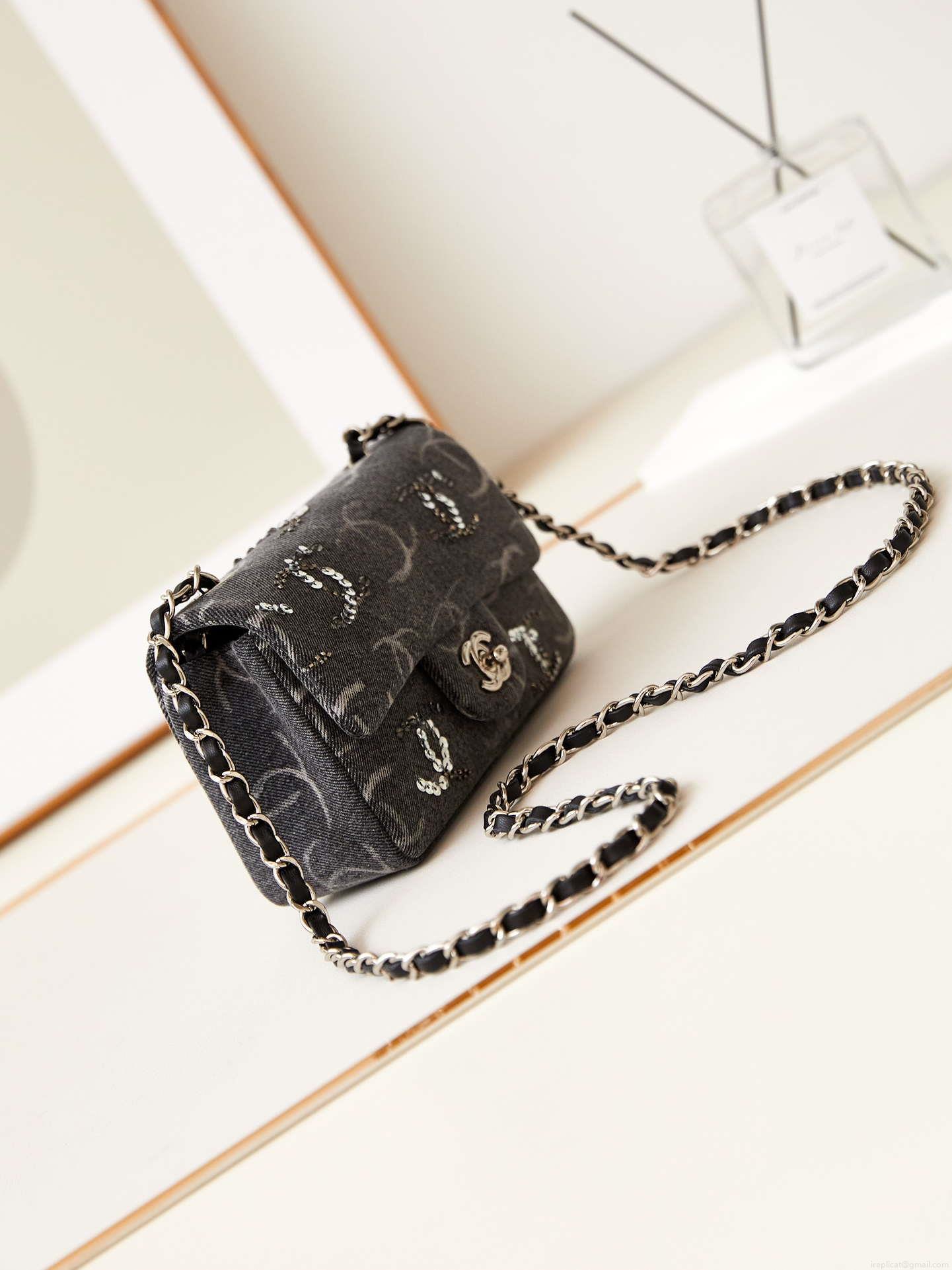 Chanel AS1119 Small Flap Classic Handbag Black Denim beaded sequin bag