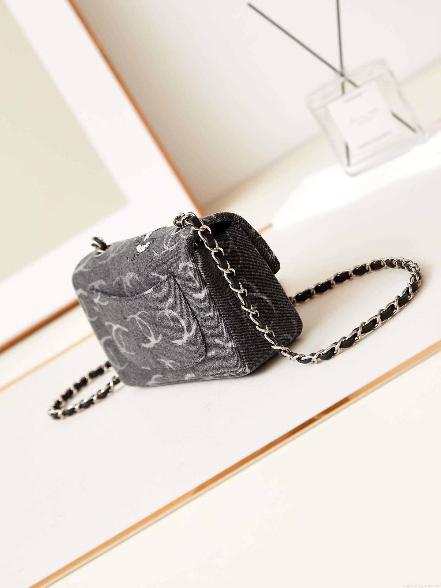 Chanel AS1119 Small Flap Classic Handbag Black Denim beaded sequin bag