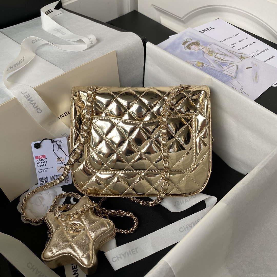 Chanel AS4647 Mini Flap Bag & STAR COIN PURSE Metallic Calfskin & Gold-Tone Metal Gold