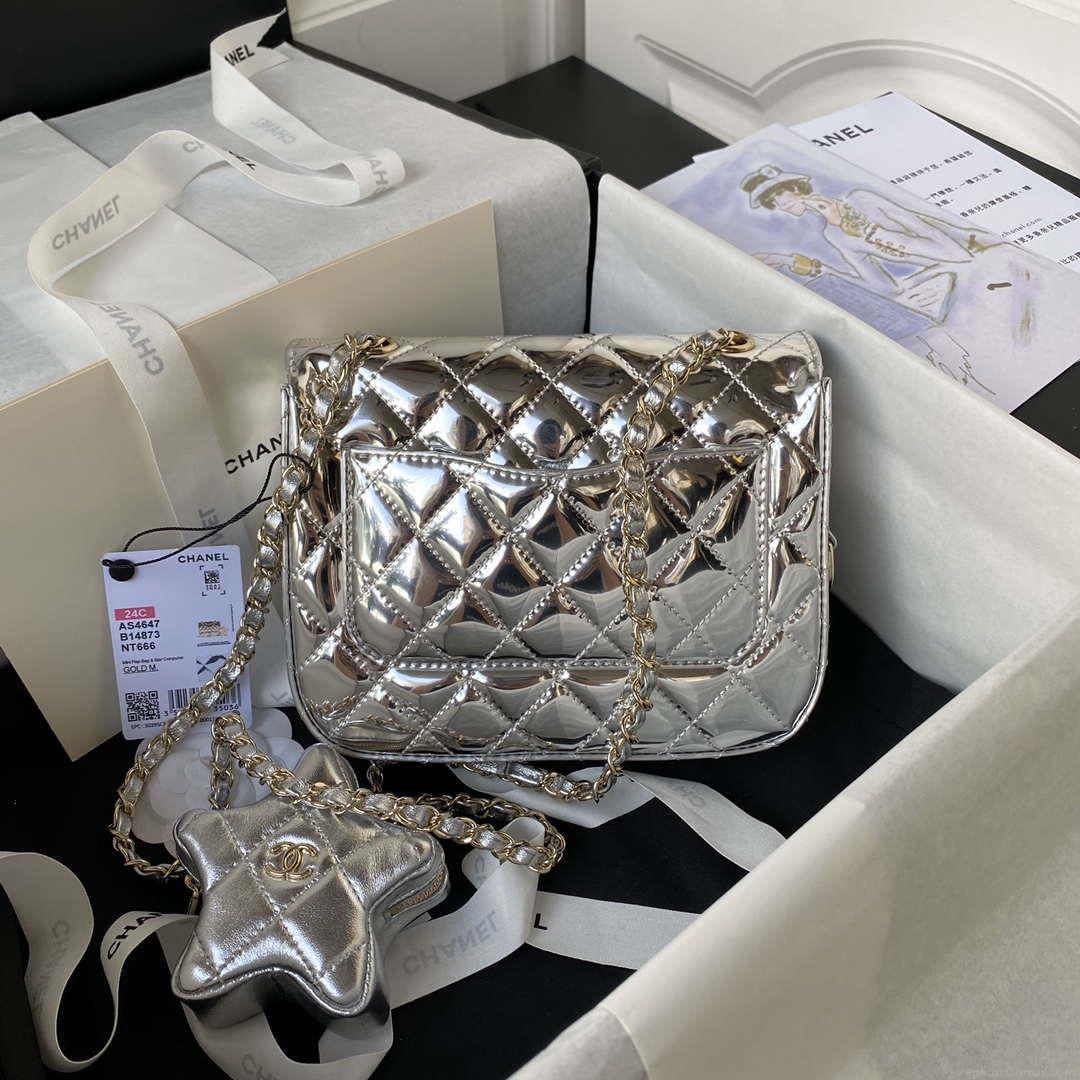 Chanel AS4647 Mini Flap Bag & STAR COIN PURSE Metallic Calfskin & Gold-Tone Metal Silver