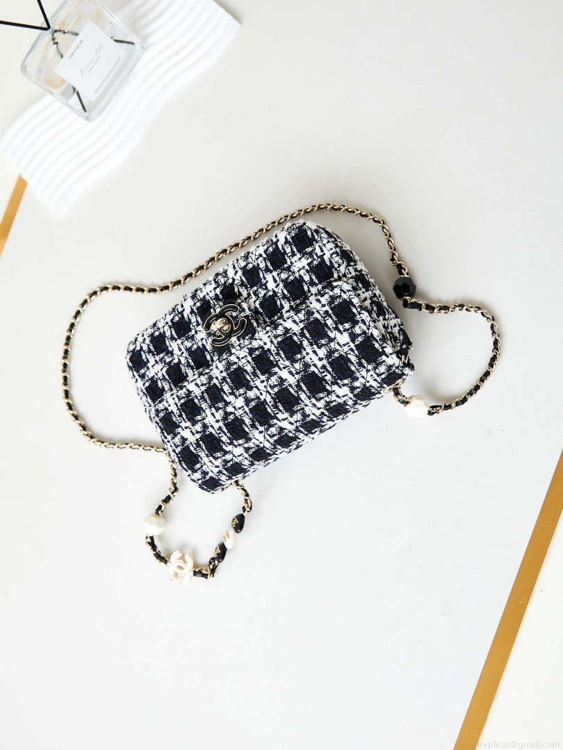 Chanel AS3783 Small Flap Bag 23P Tweed Gold-Tone Metal 18.5 cm White and Black