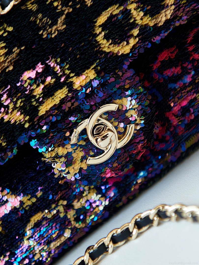 Chanel 24C AS4561 Flap Bag Sequins Gold-Tone Metal Black & Multicolor