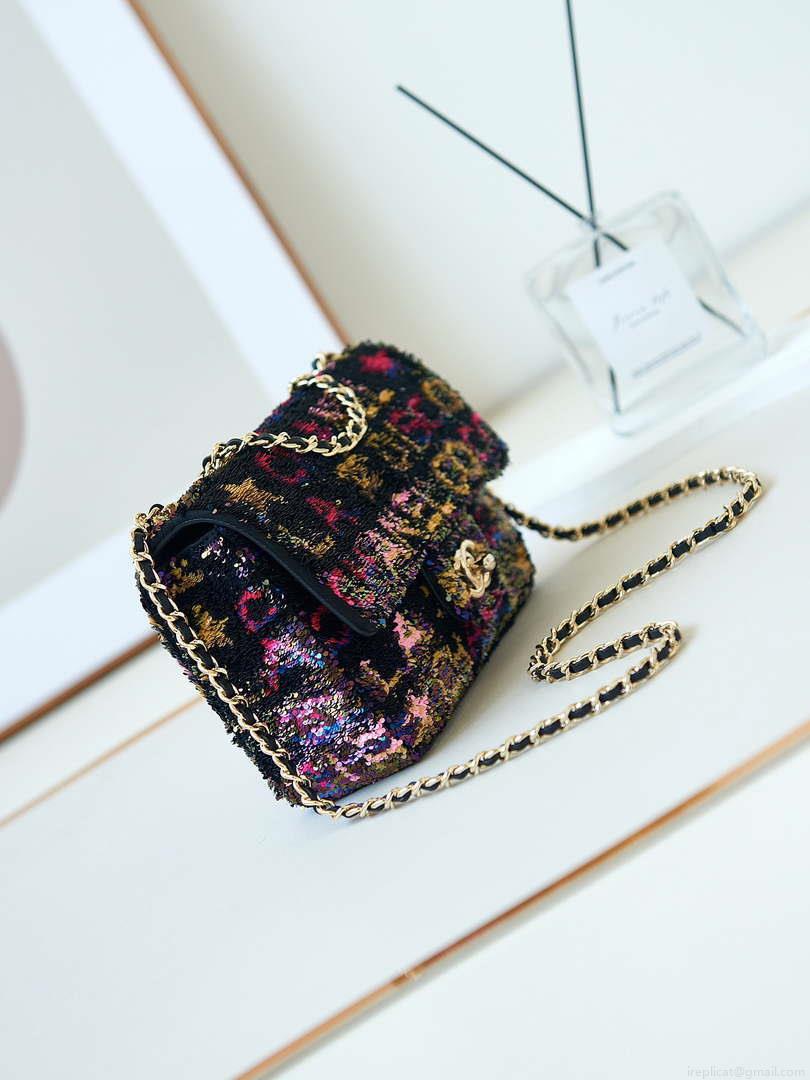 Chanel 24C AS4561 Flap Bag Sequins Gold-Tone Metal Black & Multicolor