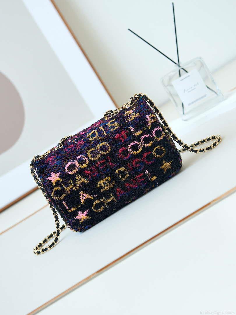 Chanel 24C AS4561 Flap Bag Sequins Gold-Tone Metal Black & Multicolor