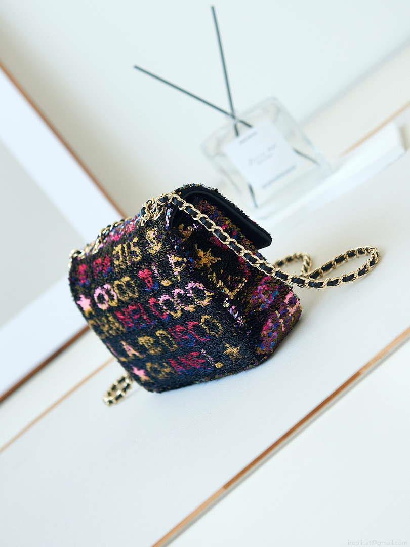 Chanel 24C AS4561 Flap Bag Sequins Gold-Tone Metal Black & Multicolor