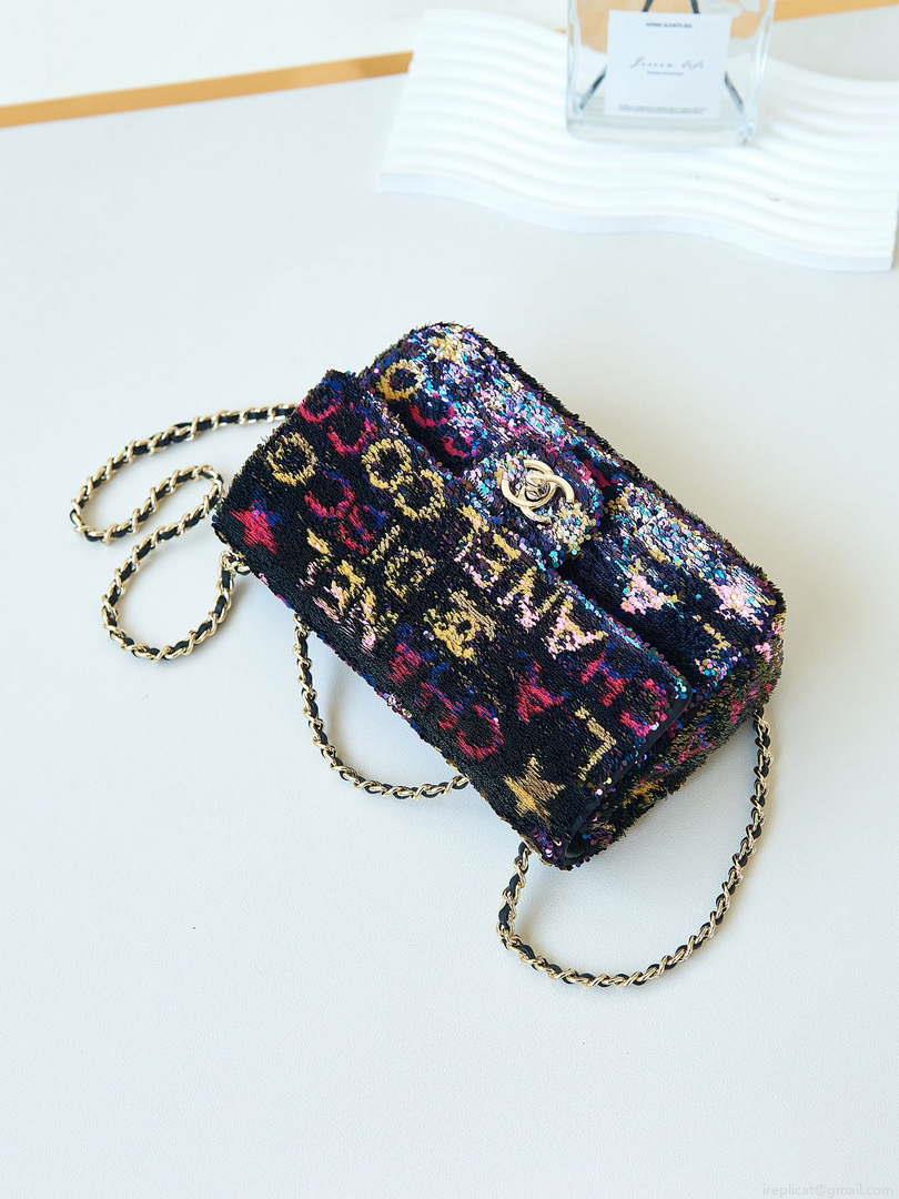 Chanel 24C AS4561 Flap Bag Sequins Gold-Tone Metal Black & Multicolor