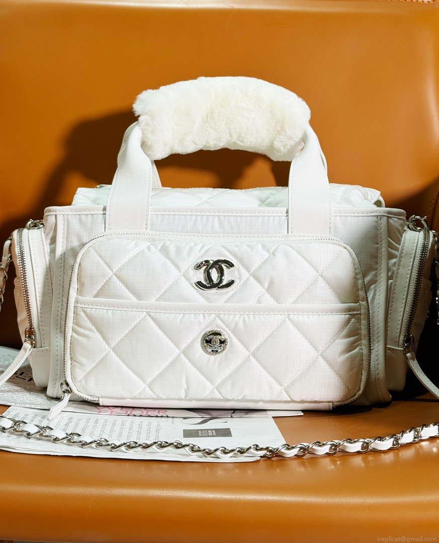 Chanel AS4364 Large Bowling Bag Nylon & Silver-Tone Metal White
