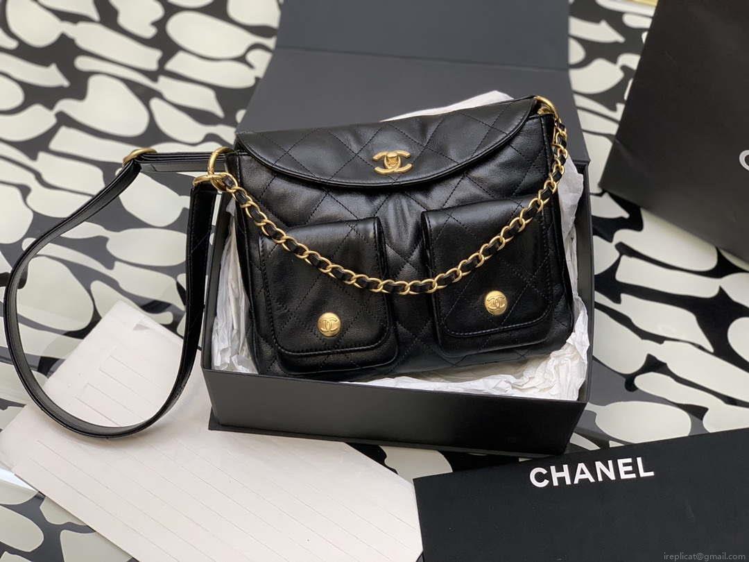 Chanel A99335 Hobo Bag Lambskin & Gold-Tone Metal Black