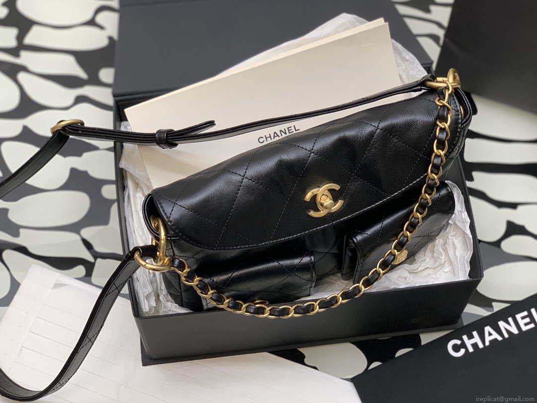 Chanel A99335 Hobo Bag Lambskin & Gold-Tone Metal Black