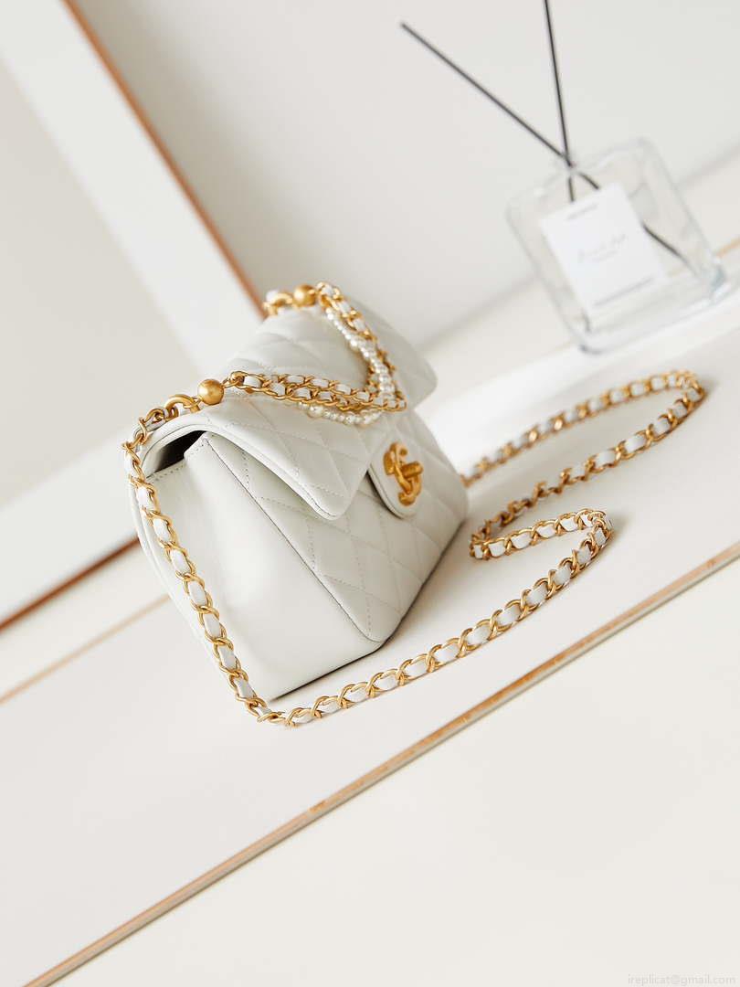Chanel AS4384 Mini Flap Bag Pearly Lambskin Imitation Pearls & Gold-Tone Metal White