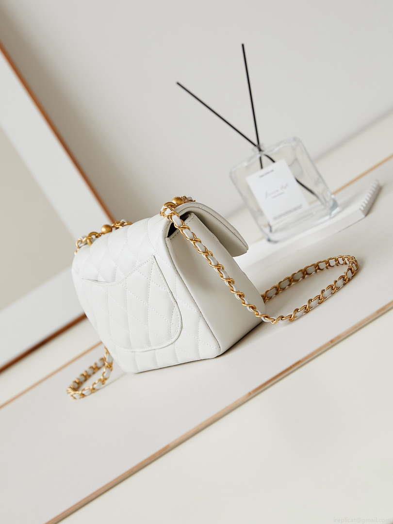 Chanel AS4384 Mini Flap Bag Pearly Lambskin Imitation Pearls & Gold-Tone Metal White