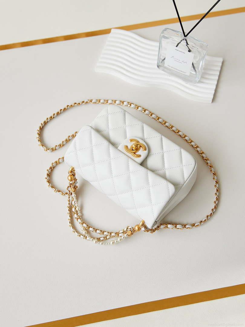 Chanel AS4384 Mini Flap Bag Pearly Lambskin Imitation Pearls & Gold-Tone Metal White