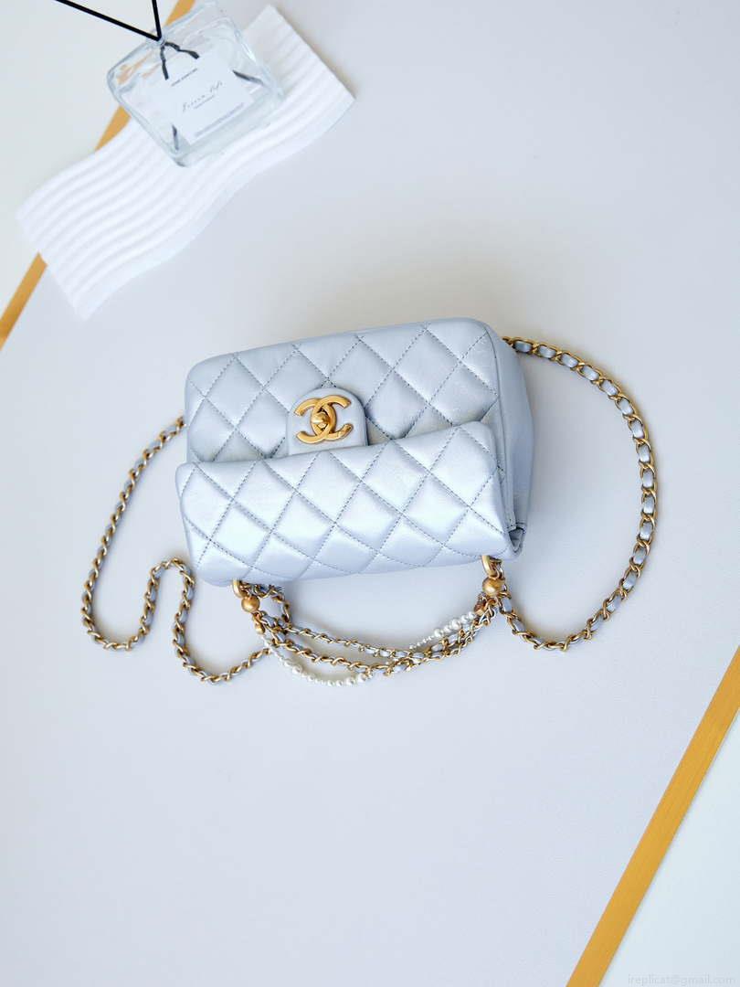 Chanel AS4384 Mini Flap Bag Pearly Lambskin Imitation Pearls & Gold-Tone Metal Blue
