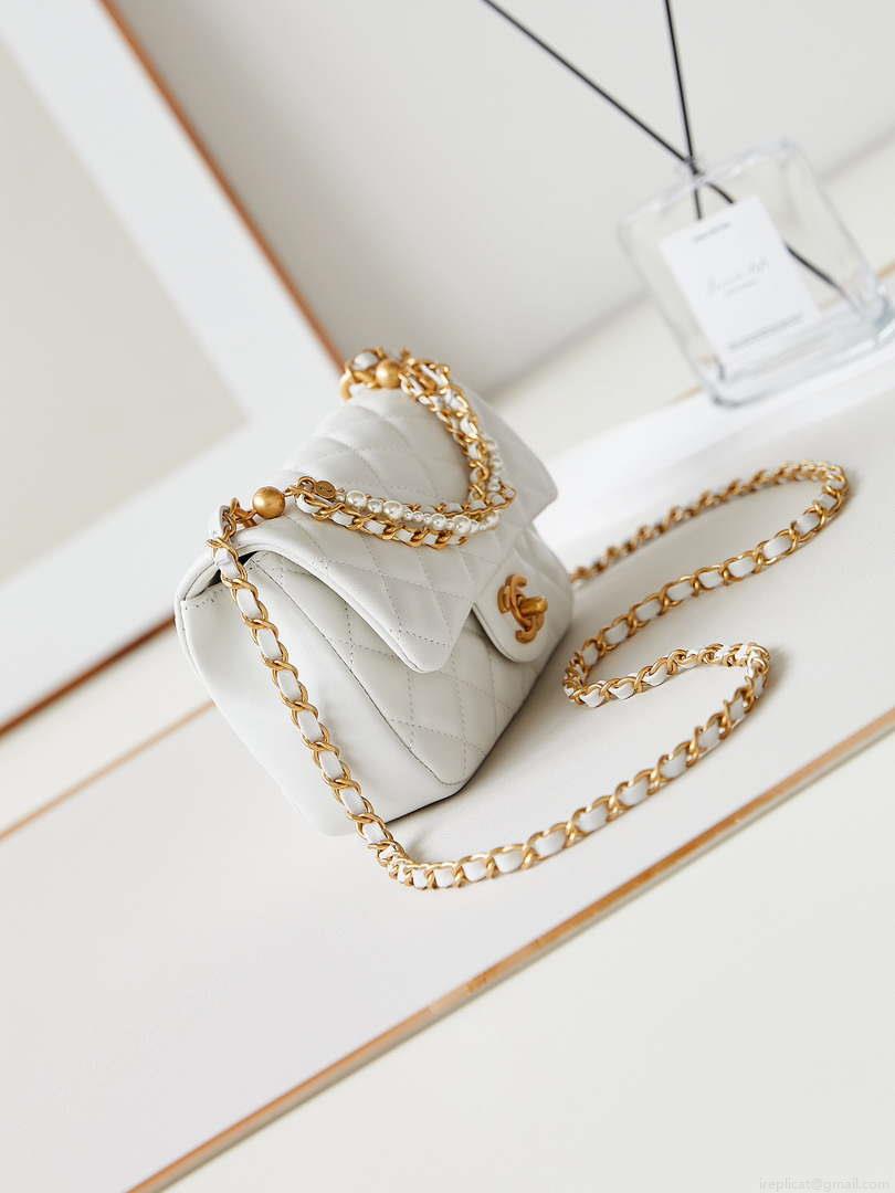 Chanel AS4385 Mini Flap Bag Pearly Lambskin Imitation Pearls & Gold-Tone Metal White