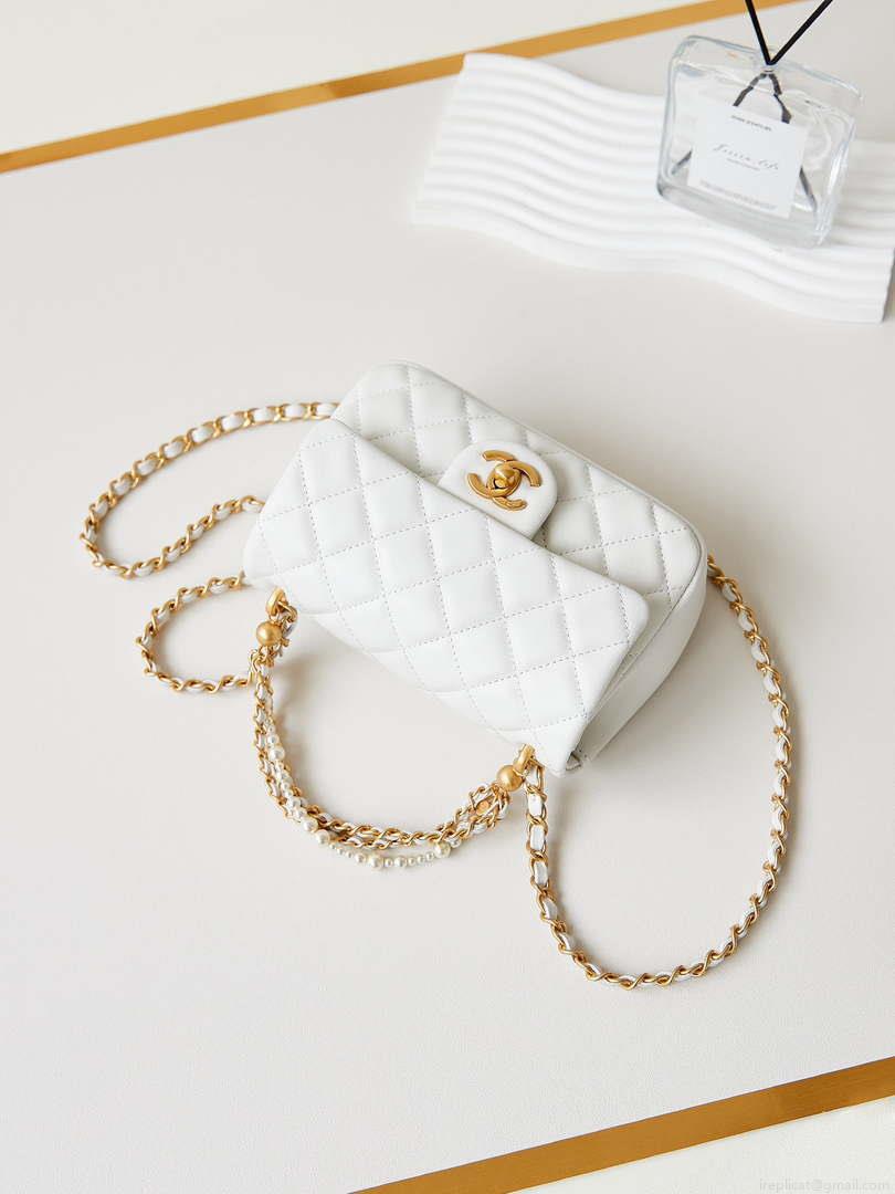 Chanel AS4385 Mini Flap Bag Pearly Lambskin Imitation Pearls & Gold-Tone Metal White