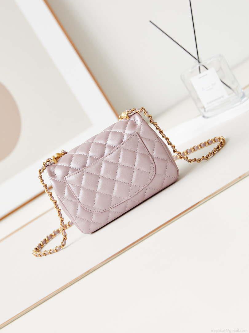Chanel AS4385 Mini Flap Bag Pearly Lambskin Imitation Pearls & Gold-Tone Metal Pink