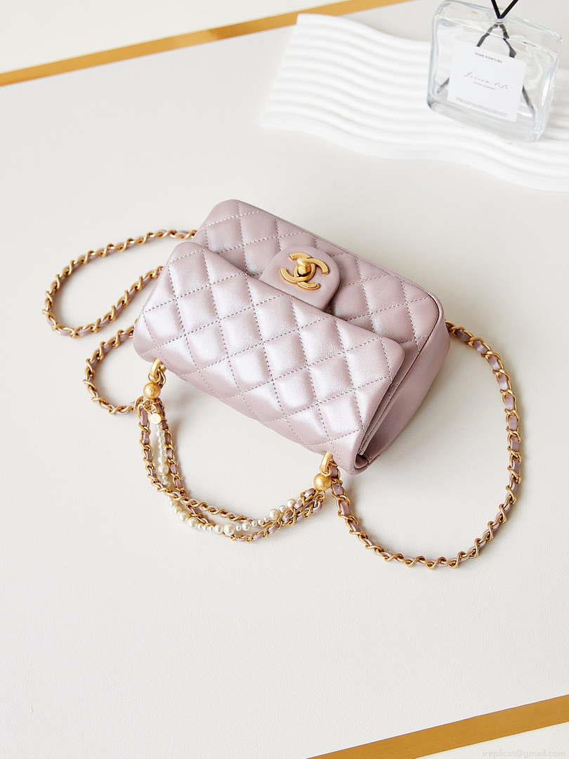 Chanel AS4385 Mini Flap Bag Pearly Lambskin Imitation Pearls & Gold-Tone Metal Pink
