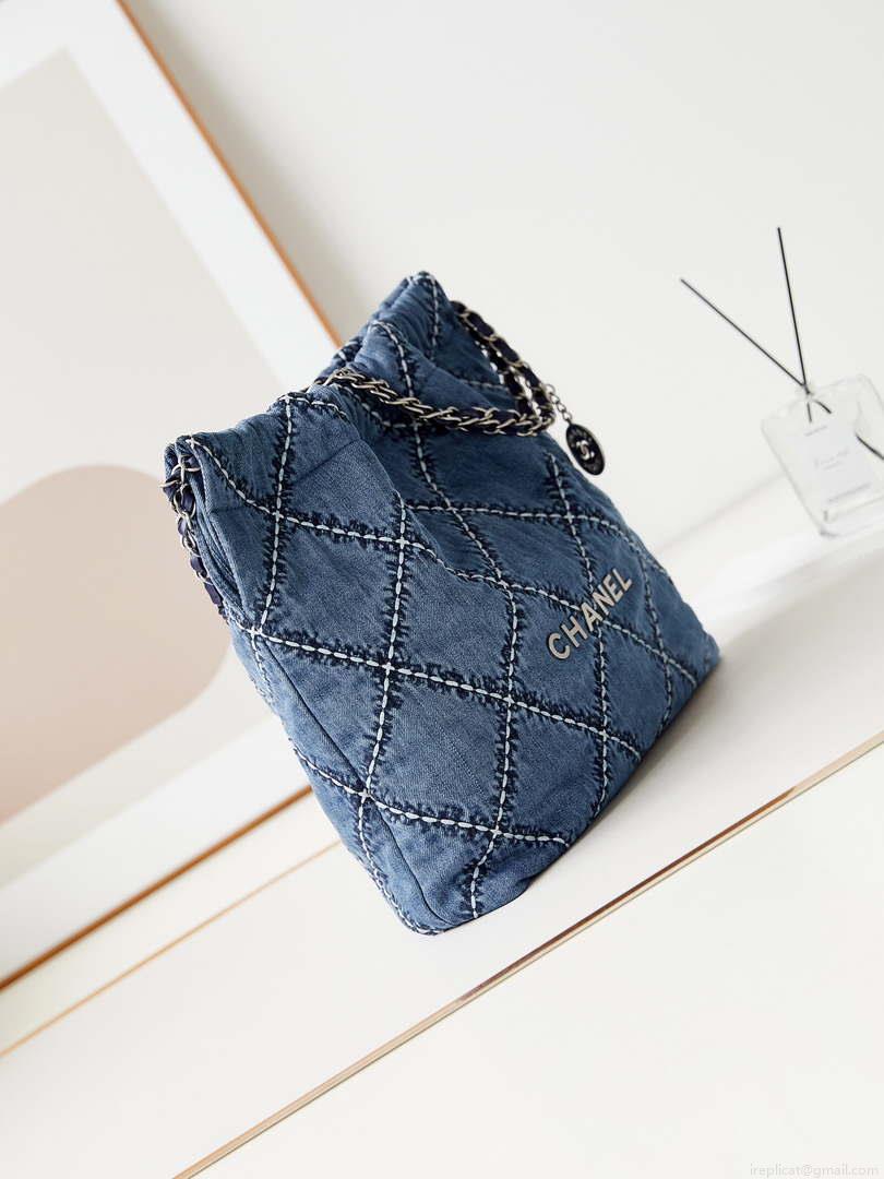 Chanel AS3261 22 bag Silver Tone-Metal Canvas Blue Denim
