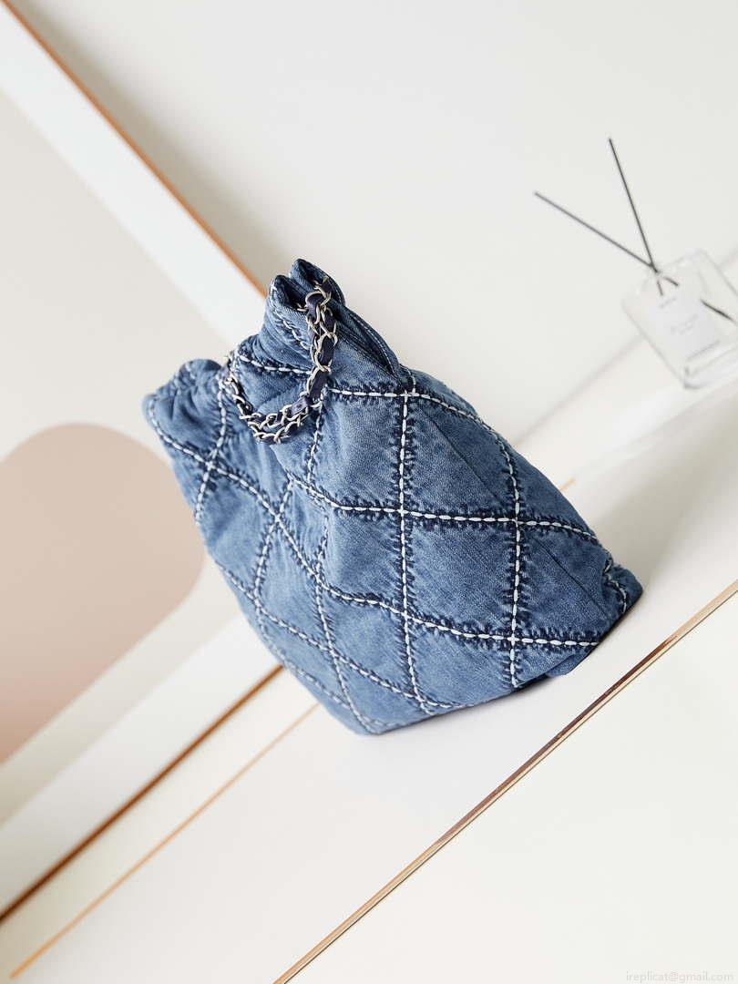 Chanel AS3261 22 bag Silver Tone-Metal Canvas Blue Denim