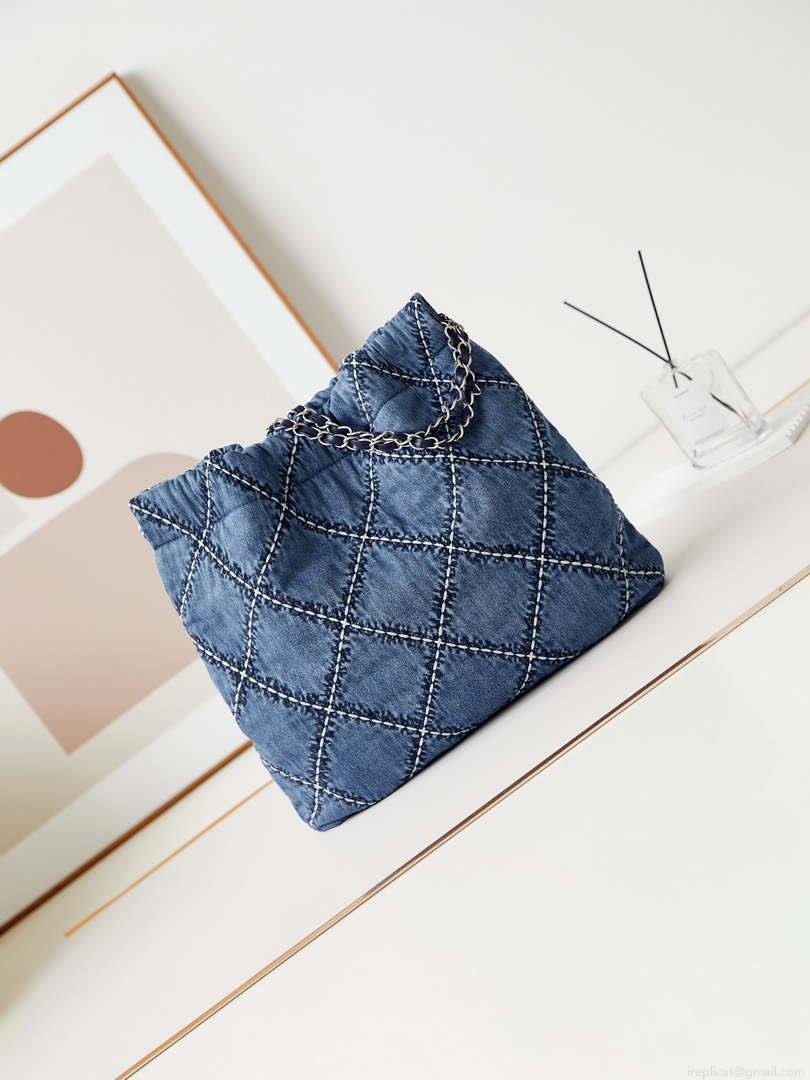 Chanel AS3261 22 bag Silver Tone-Metal Canvas Blue Denim