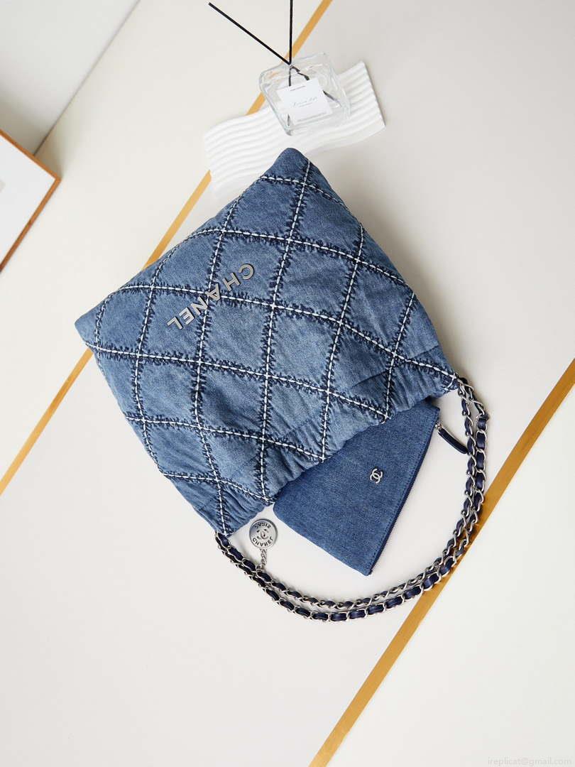 Chanel AS3261 22 bag Silver Tone-Metal Canvas Blue Denim