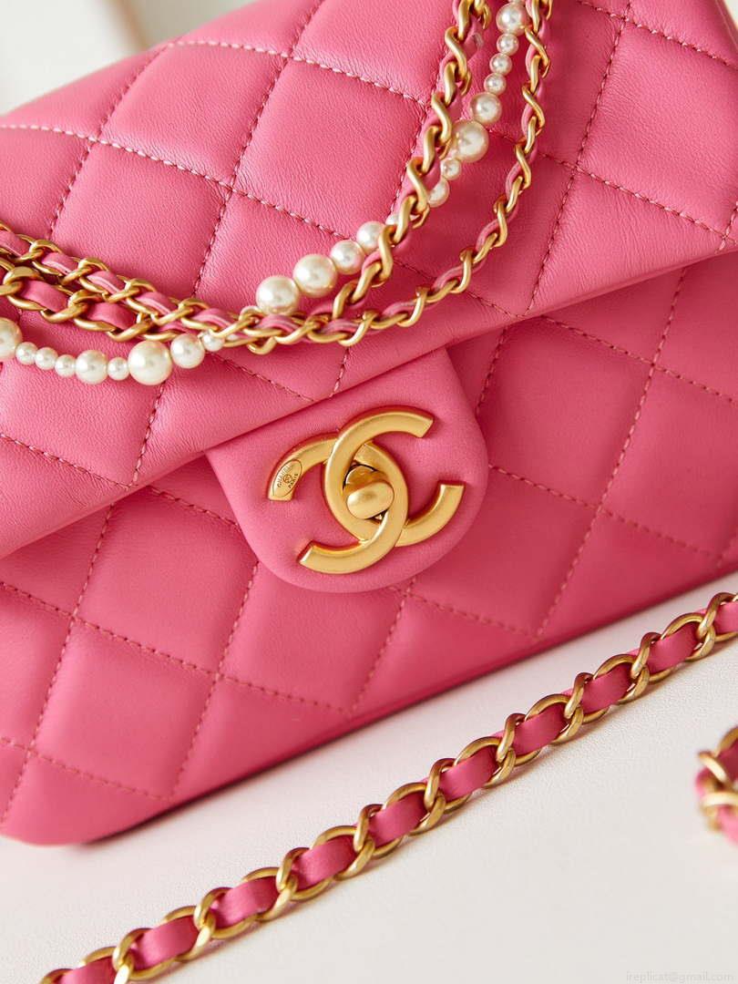 Chanel AS4384 Mini Flap Bag Pearly Lambskin Imitation Pearls & Gold-Tone Metal Hot Pink