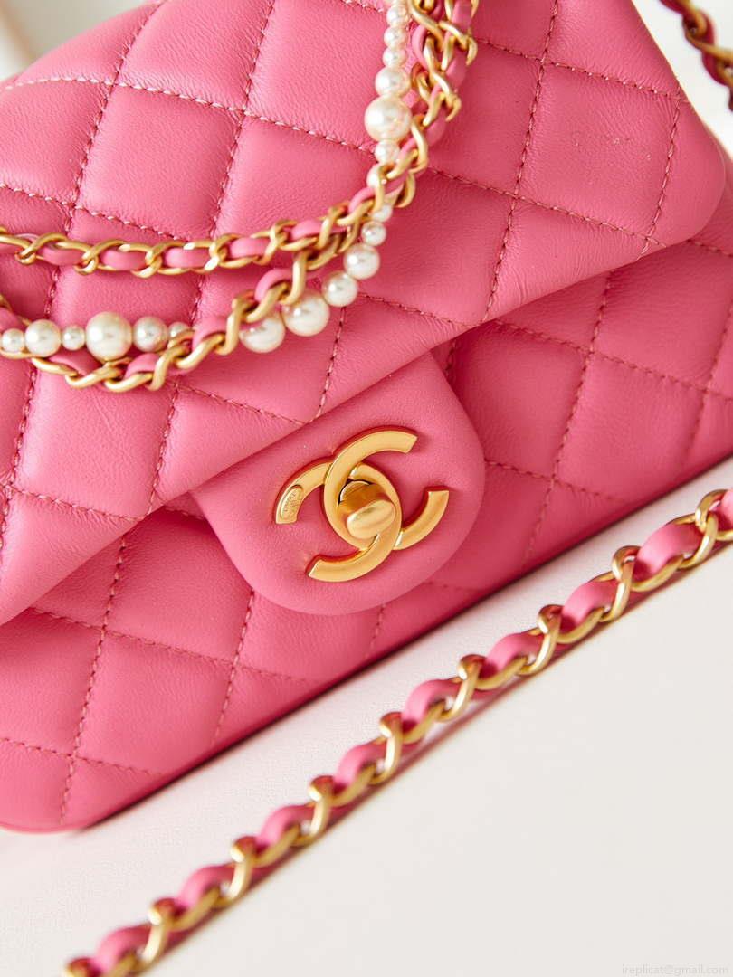 Chanel AS4385 Mini Flap Bag Pearly Lambskin Imitation Pearls & Gold-Tone Metal Hot Pink