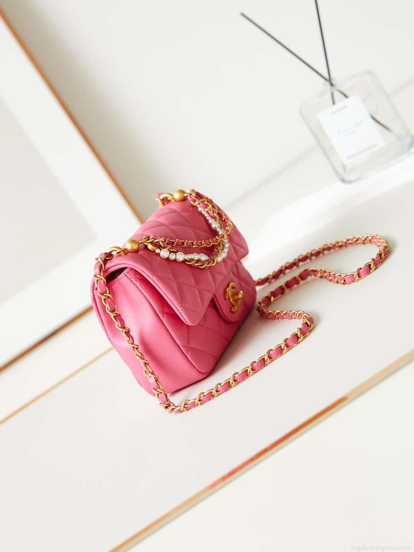 Chanel AS4385 Mini Flap Bag Pearly Lambskin Imitation Pearls & Gold-Tone Metal Hot Pink