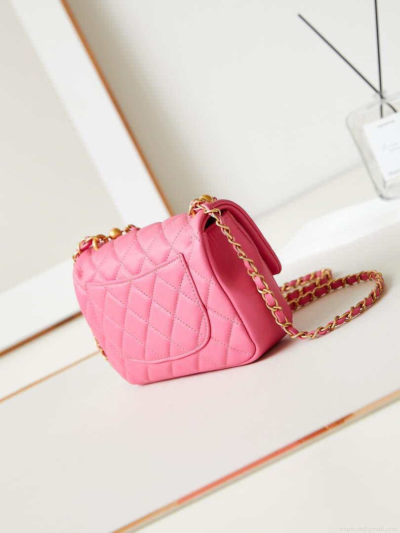Chanel AS4385 Mini Flap Bag Pearly Lambskin Imitation Pearls & Gold-Tone Metal Hot Pink