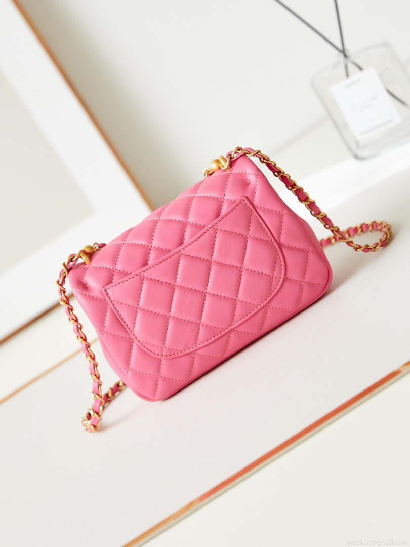 Chanel AS4385 Mini Flap Bag Pearly Lambskin Imitation Pearls & Gold-Tone Metal Hot Pink