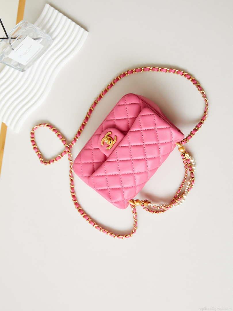 Chanel AS4385 Mini Flap Bag Pearly Lambskin Imitation Pearls & Gold-Tone Metal Hot Pink