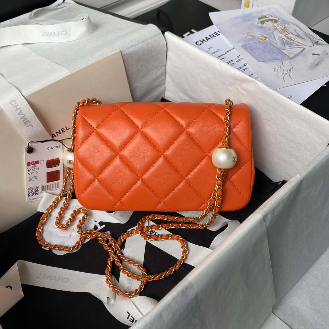 Chanel AS4861 Small Flap Bag Pearly Lambskin Imitation Pearls & Gold-Tone Metal Orange