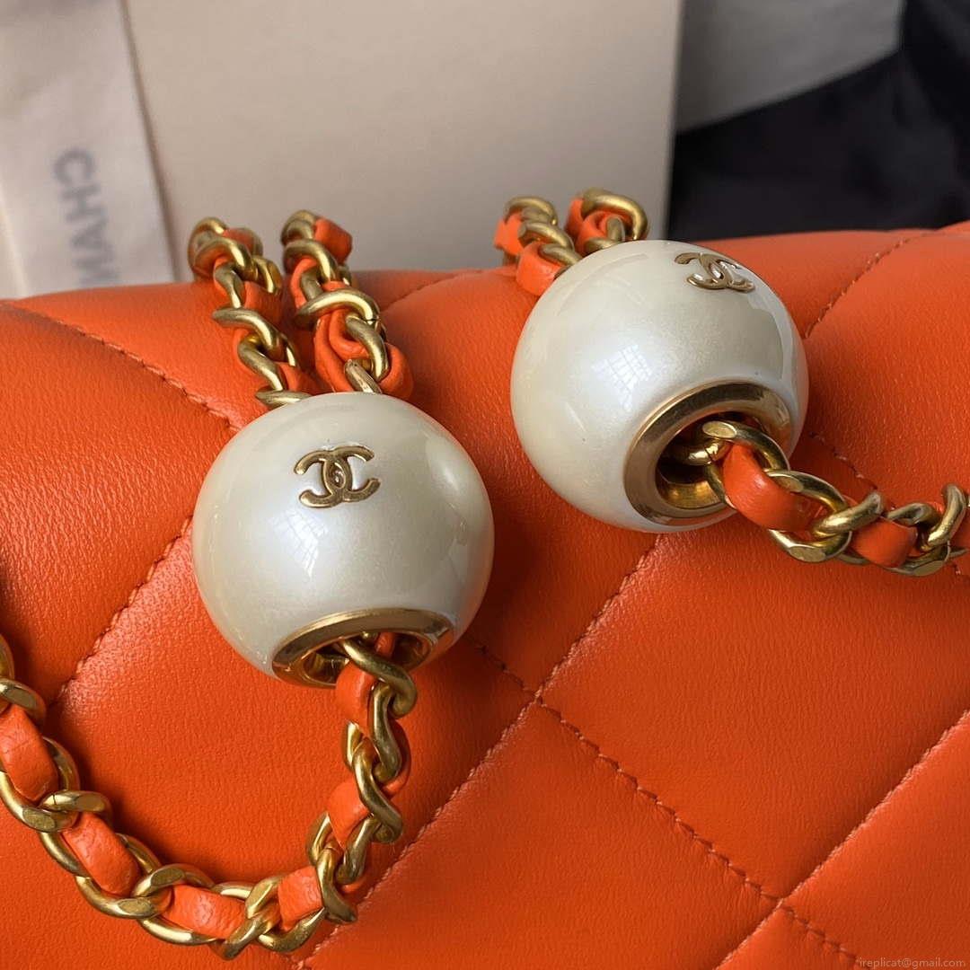 Chanel AS4861 Small Flap Bag Pearly Lambskin Imitation Pearls & Gold-Tone Metal Orange