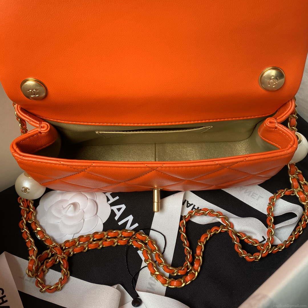 Chanel AS4861 Small Flap Bag Pearly Lambskin Imitation Pearls & Gold-Tone Metal Orange