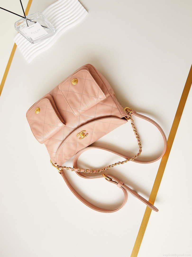Chanel AS4743 Hobo Handbag Shiny Calfskin & Gold-Tone Metal Pink