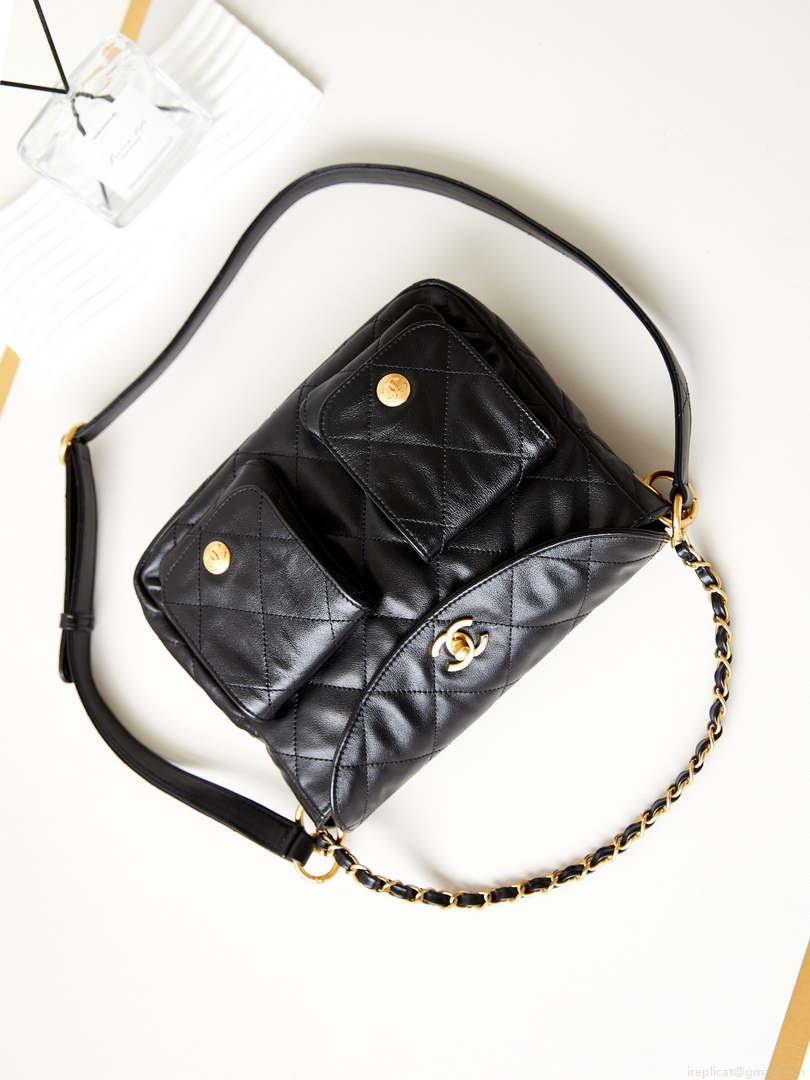 Chanel AS4743 Hobo Handbag Shiny Calfskin & Gold-Tone Metal Black