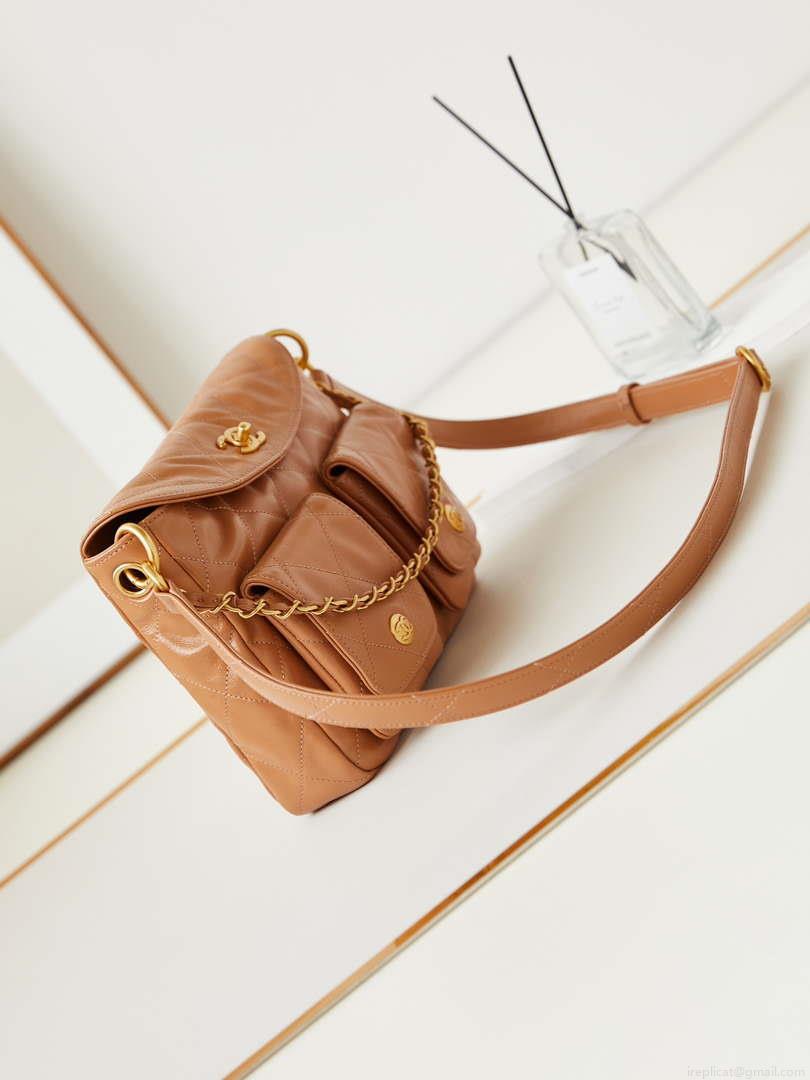 Chanel AS4743 Hobo Handbag Shiny Calfskin & Gold-Tone Metal Camel