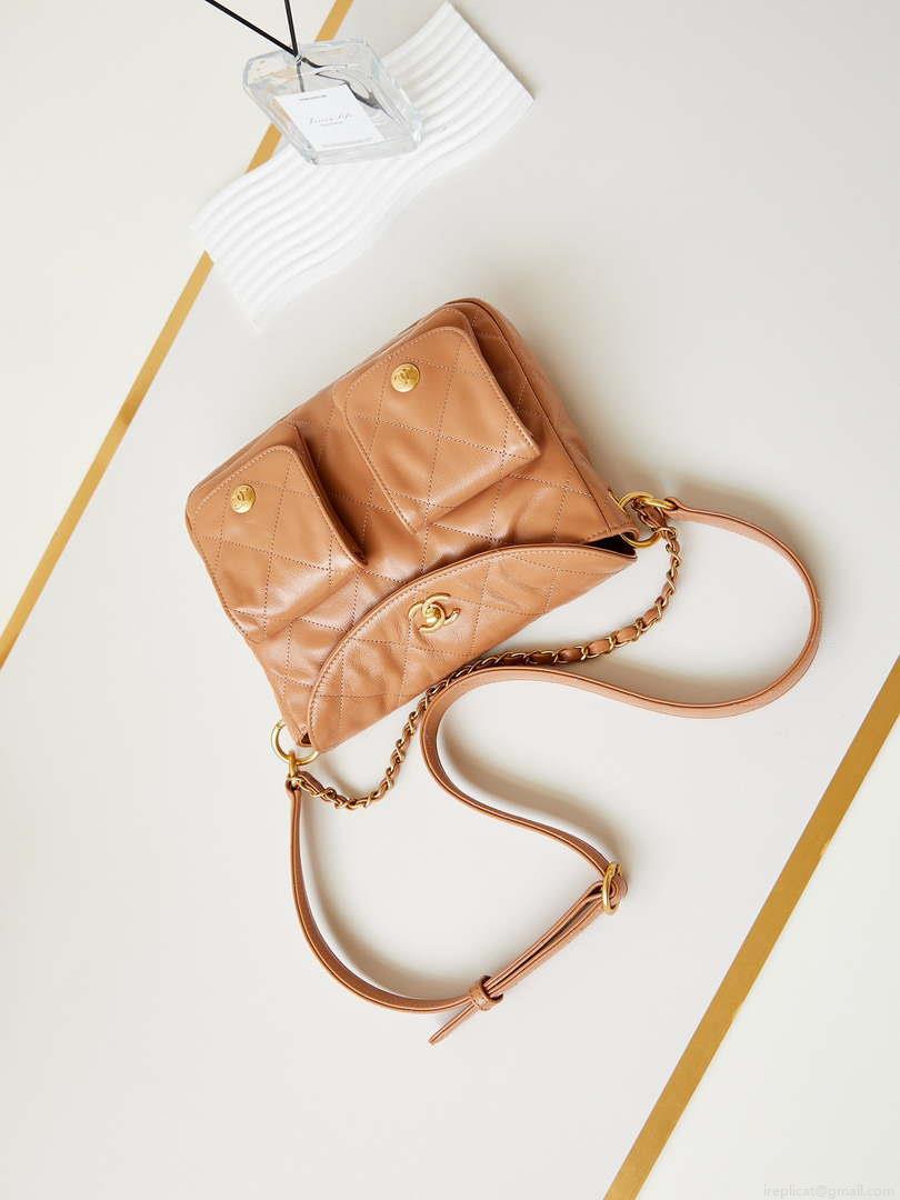 Chanel AS4743 Hobo Handbag Shiny Calfskin & Gold-Tone Metal Camel